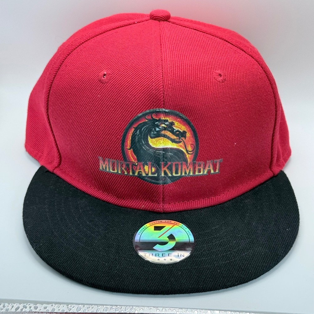 Three In Mortal Kombat Snapback Hat Red Black Flat Brim Dragon Graphic Cap - Picture 1 of 7